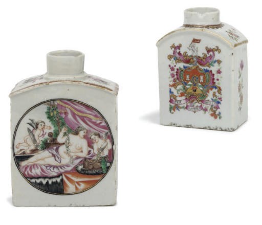 Two Chinese export famille rose tea caddies