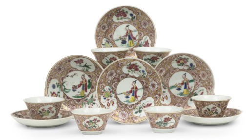 A set of six Chinese famille rose wine cups and saucers
