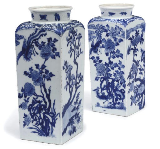 A Pair of blue and white square sectioned vases