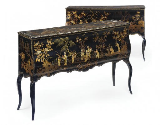 A PAIR OF JAPANNED AND MOTHER OF PEARL INLAID SIDEBOARDS