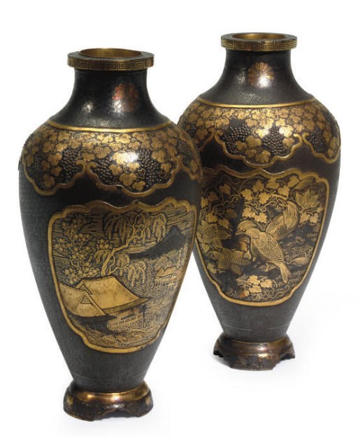 A PAIR OF JAPANESE GILT METAL-INLAID SMALL BALUSTER VASES,