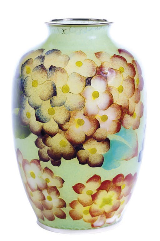A JAPANESE PLIQUE-A-JOUR PLAE GREEN GROUND SMALL OVOID VASE WITH HYDRANGEAS,