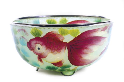 A JAPANESE PLIQUE-A-JOUR PALE GREEN GROUND BOWL DECORATED WITH GOLDFISH,
