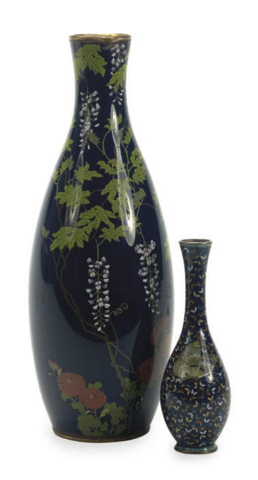 A LARGE JAPANESE CLOISONNÈ OVULAR-SHAPED SPOUTED VASE AND A SMALL BOTTLE VASE,