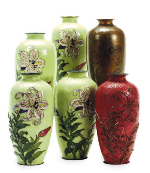 A SET OF SIX VAVES ILLUSTRATING CLOISONNÈ TECHNIQUE,
