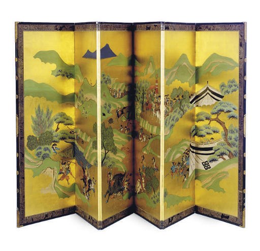 A PAIR OF JAPANESE SIX-PANEL FLOOR SCREENS,