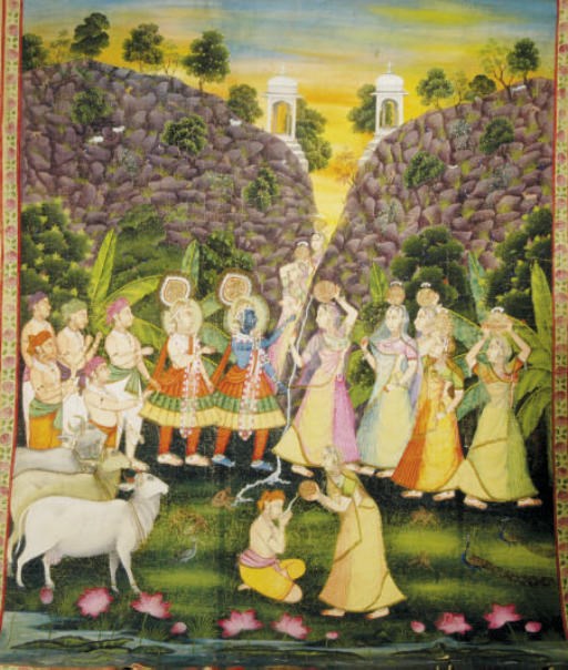 AN INDIAN PICCHVAI WITH KRISHNA, RADHA AND FELLOW COWHERDERS,