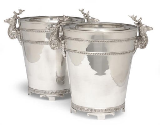 A GROUP OF FOUR SILVER-PLATED WINE COOLERS WITH STAG'S HEAD-SHAPED HANDLES,