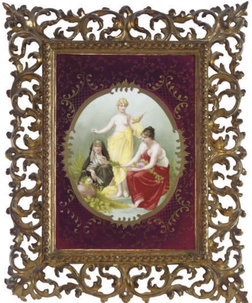A VIENNA-STYLE RUBY-GROUND PORCELAIN PLAQUE IN GILT-WOOD FRAME,
