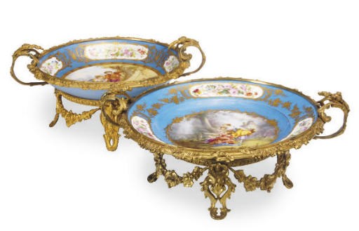 TWO GILT METAL MOUNTED SÈVRES-STYLE TURQUOISE GROUND CENTER BOWLS,