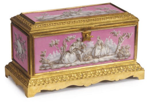 A GILT-BRONZE MOUNTED SÈVRES-STYLE PINK-GROUND PORCELAIN BOX WITH HINGED COVER,