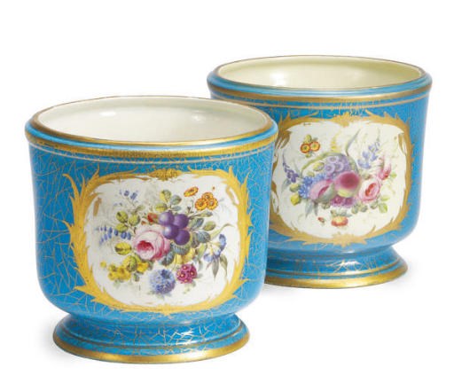 A PAIR OF SÈVRES-STYLE 'JEWELED' TURQUOISE-GROUND PORCELAIN BOTTLE COOLERS,