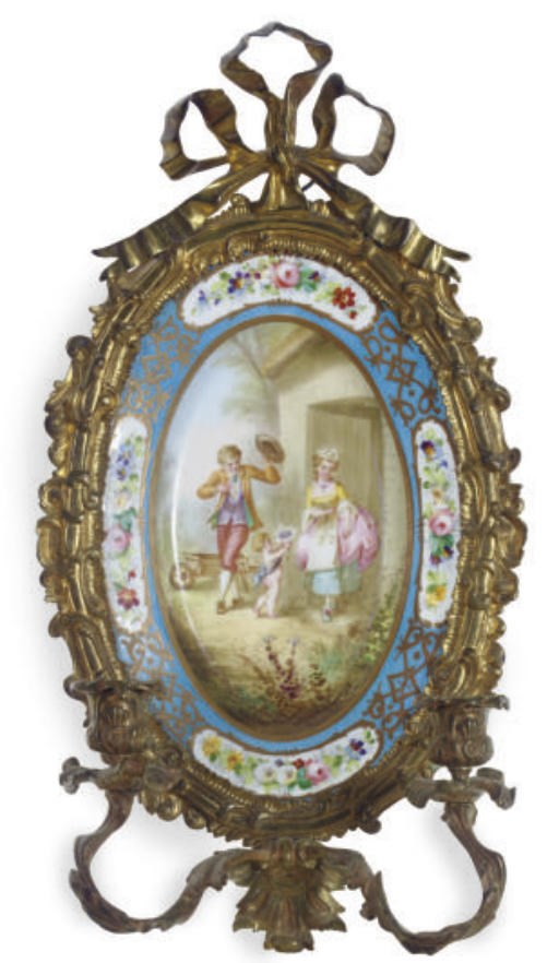 A PAIR OF GILT-METAL MOUNTED SÈVRES-STYLE PORCELAIN TURQUOISE-GROUND TWIN-BRANCH WALL LIGHTS,