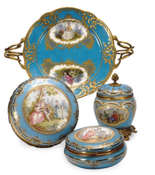 AN ORMOLU-MOUNTED SÈVRES (LATER DECORATED) TURQUOISE-GROUND PORCELAIN PLATE, AN SILVER AND ENAMEL BOX WITH HINGED COVER, AND TWO SIMILAR ENAMELED METAL BOXES AND HINGED COVERS,