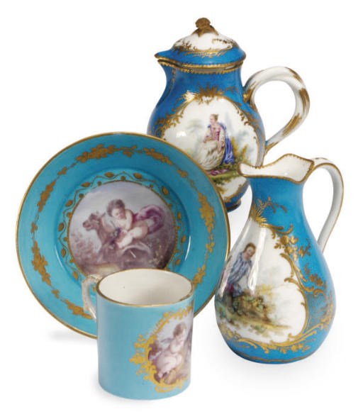 A SÈVRES (LATER DECORATED) TURQUOISE-GROUND SMALL PORCELAIN JUG, A SÈVRES-STYLE (LATER DECORATED) TURQUOISE-GROUND SMALL PORCELAIN JUG AND COVER, AND A SIMILAR PORCELAIN CUP AND SAUCER,