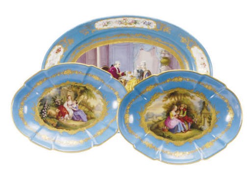 A SÈVRES-STYLE TURQUOISE-GROUND PORCELAIN OVAL PLATTER AND A SIMILAR PAIR OF SHAPED OVAL DISHES,