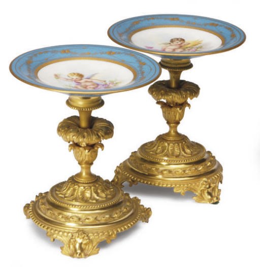 A PAIR OF GILT-METAL-MOUNTED SÈVRES STYLE TURQUOISE-GROUND PORCELAIN COMPOTES,