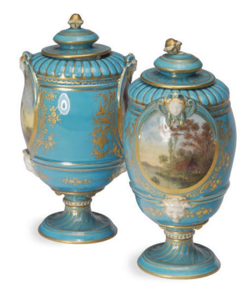 A PAIR OF SÈVRES-STYLE TURQUOISE-GROUND PORCELAIN VASES AND COVERS,