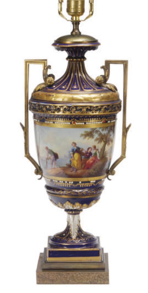 A SÈVRES STYLE COBALT BLUE-GROUND JEWELED TWO-HANDLED VASE MOUNTED AS A LAMP,