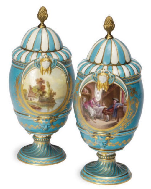 A PAIR OF SÈVRES STYLE PORCELAIN VASES AND COVERS,