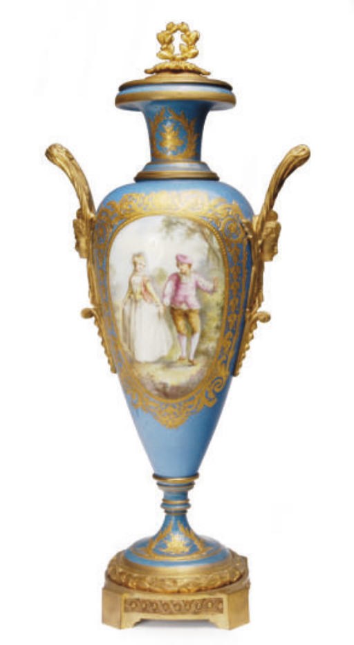 A GILT METAL-MOUNTED SÈVRES STYLE TWO-HANDLED OVULAR-FORM VASE