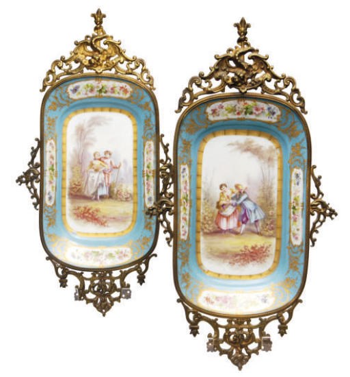 TWO GILT-METAL MOUNTED SÈVRES STYLE TURQUOISE-GROUND PORCELAIN OBLONG DISHES,