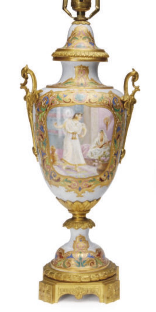 A GILT-METAL MOUNTED SÈVRES STYLE LAVENDER GROUND OVULAR-FORM VASE MOUNTED AS A LAMP,