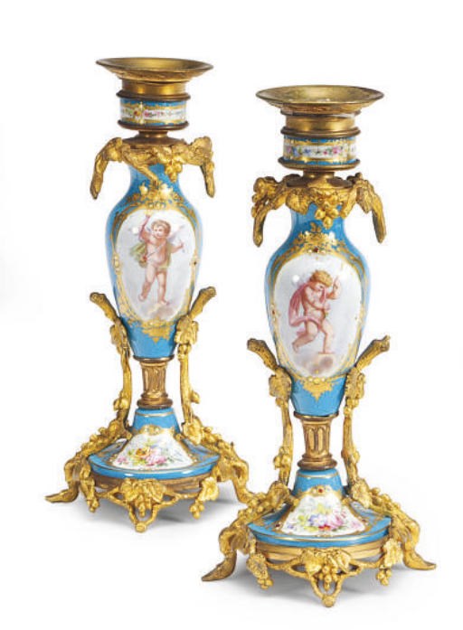 A PAIR OF SÈVRES STYLE 'JEWELLED' CANDLESTICKS,