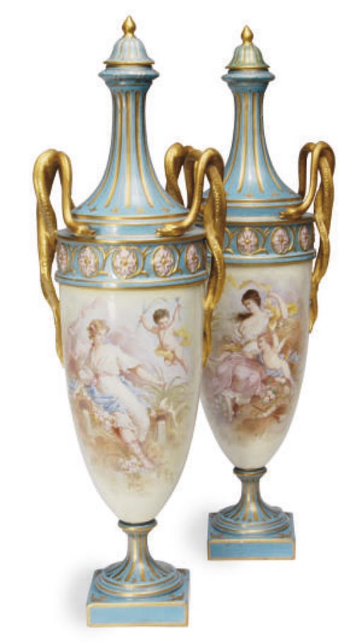 A PAIR OF SÈVRES STYLE SNAKE-HANDLED OVULAR-SHAPED VASES AND STOPPERS,