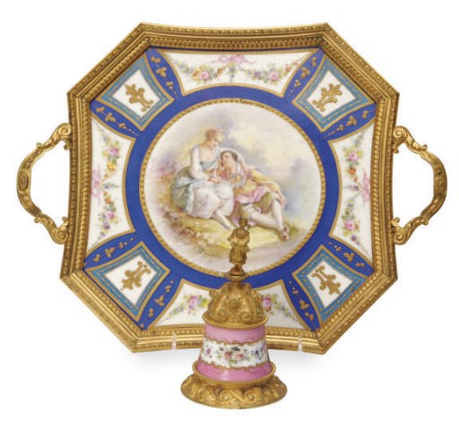 A GILT-METAL MOUNTED SÈVRES-STYLE COBALT BLUE-GROUND PORCELAIN TRAY AND A GILT-METAL MOUNTED SÈVRES STYLE PINK-GROUND PORCELAIN DINNER BELL,