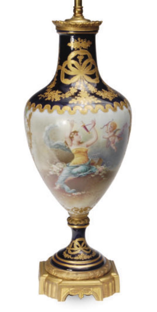 A SÈVRES STYLE COBALT-BLUE GROUND BALUSTER VASE MOUNTED AS A LAMP,