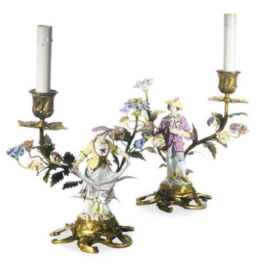 A PAIR OF CONTINENTAL GILT-BRONZE LAMPS MOUNTED WITH PORCELAIN FLOWERS AND FIGURES OF A GALLANT AND COMPANION,