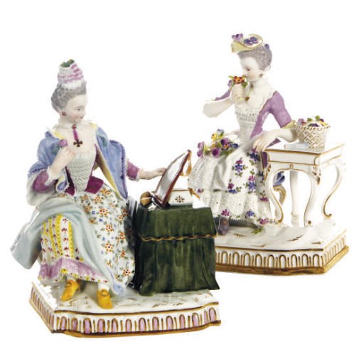 TWO GERMAN PORCELAIN FIGURES EMBLEMATIC OF SCENT AND SIGHT,