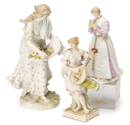 THREE GERMAN PORCELAIN FIGURES OF WOMEN,