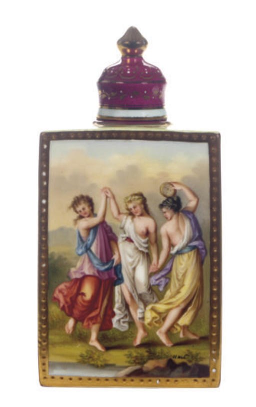 A VIENNA-STYLE BURGUNDY AND PALE-GREEN GROUND TEA CADDY AND COVER,