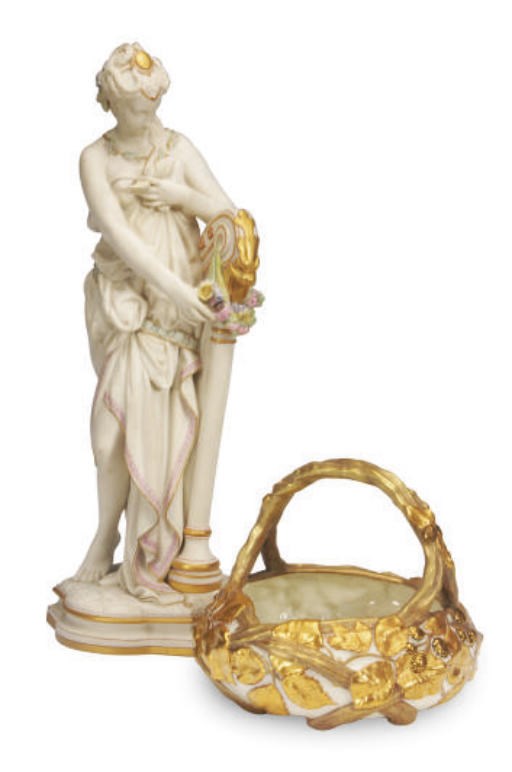 AN ENGLISH PORCELAIN FIGURE OF A MUSE WITH A HARP AND A BASKET,