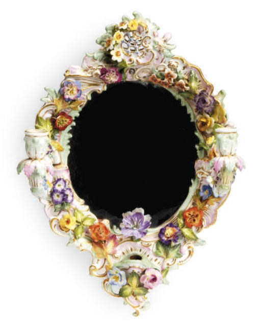 A MEISSEN STYLE FLOWER-ENCRUSTED TWO-LIGHT OVAL WALL MIRROR,
