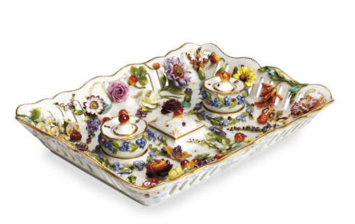 A GERMAN FLOWER AND FRUIT ENCRUSTED INKSTAND
