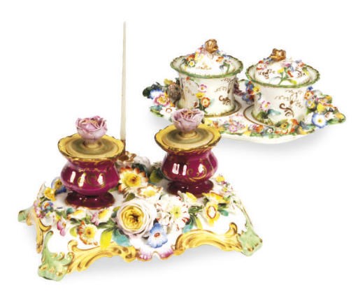 TWO ENGLISH FLOWER ENCRUSTED PORCELAIN INK STANDS,