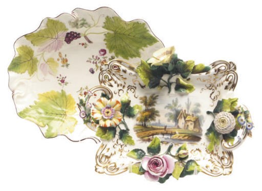 A COALBROOKDALE FLOWER-ENCRUSTED TRAY AND A ROCKINGHAM SHAPED OVAL BOWL,