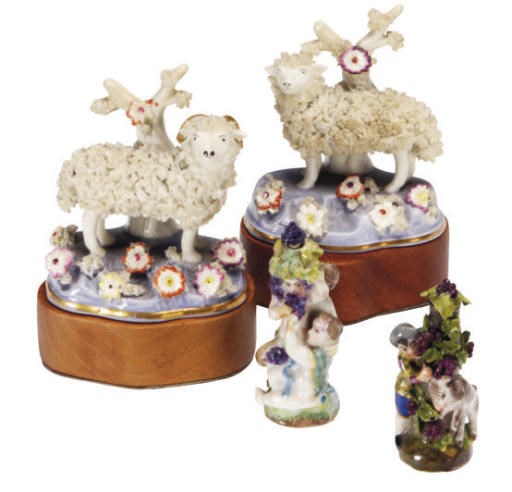 TWO CHELSEA STYLE PORCELAIN SCENT BOTTLES AND STOPPERS AND TWO STAFFORDHSIRE MODELS OF SHEEP,