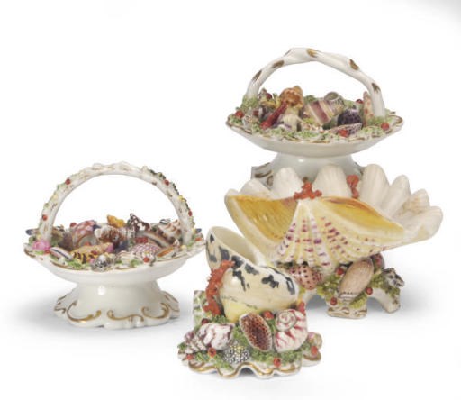 AN ENGLISH SHELL ENCRUSTED SHELL-FORM QUILL STAND AND A SWEETMEAT DISH,