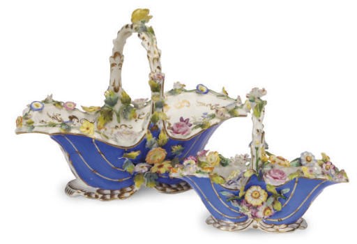 TWO ENGLISH PORCELAIN BLUE-GROUND FLOWER-ENCRUSTED BASKETS AND SIXTEEN ENGLISH FLOWERS,