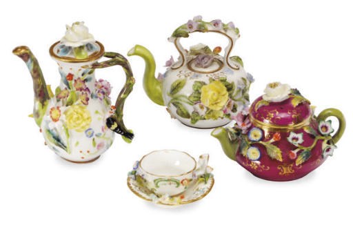 A GROUP OF ENGLISH PORCELAIN FLOWER-ENCRUSTED MINIATURE TEAWARES AND A TURQUOISE GROUND WATERING POT,