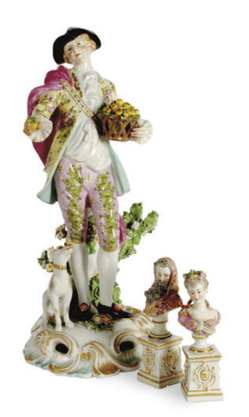A PAIR OF FRENCH PORCELAIN SMALL BUSTS EMBLEMATIC OF SPRING AND WINTER AND A LARGE DERBY STYLE FIGURE OF THE DRESDEN SHEPHERD,