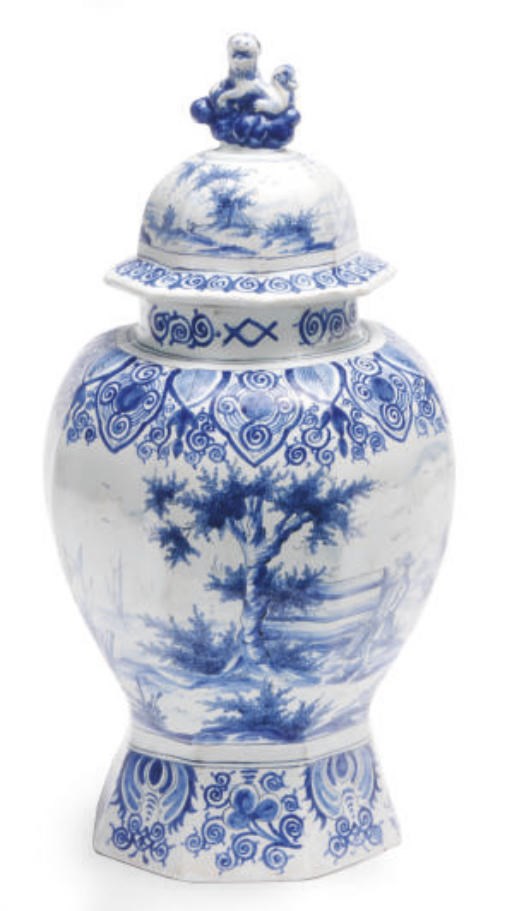 A DUTCH DELFT BLUE AND WHITE BALUSTER VASE AND COVER,