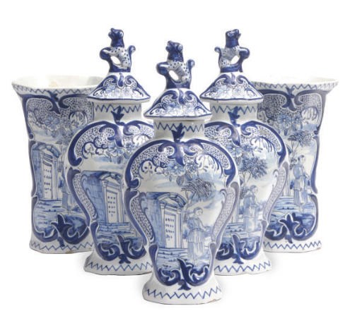 A DUTCH DELFT BLUE AND WHITE FIVE PIECE GARNITURE,