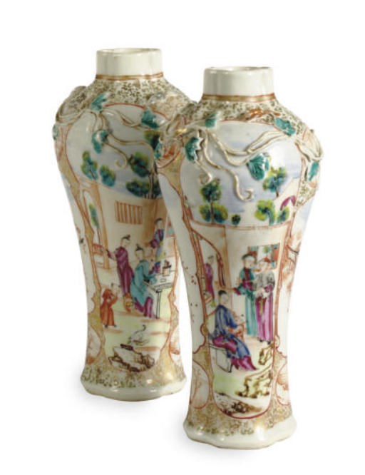 A PAIR OF CHINESE EXPORT PORCELAIN FAMILLE ROSE AND GILT BALUSTER VASES,
