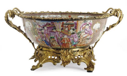 A GILT METAL-MOUNTED CHINESE EXPORT PORCELAIN MANDARIN PALETTE BOWL,