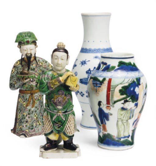 A CHINESE WUCAI SMALL BALUSTER VASE, A BLUE AND WHITE TAPERING OVOID VASE, A WUCAI BALUSTER VASE, AND TWO FAMILLE VERTE FIGURES OF MEN,